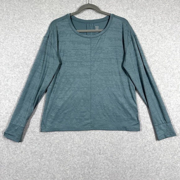Title Nine Top Womens Medium Phoenix Pleat Back Long Sleeve Vented Blue Green - Picture 1 of 10